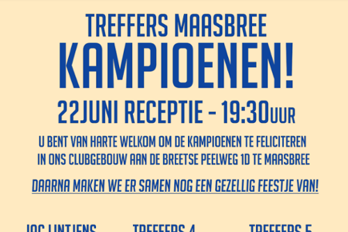 Uitnodiging receptie kampioenen BC de Treffers 22 juni